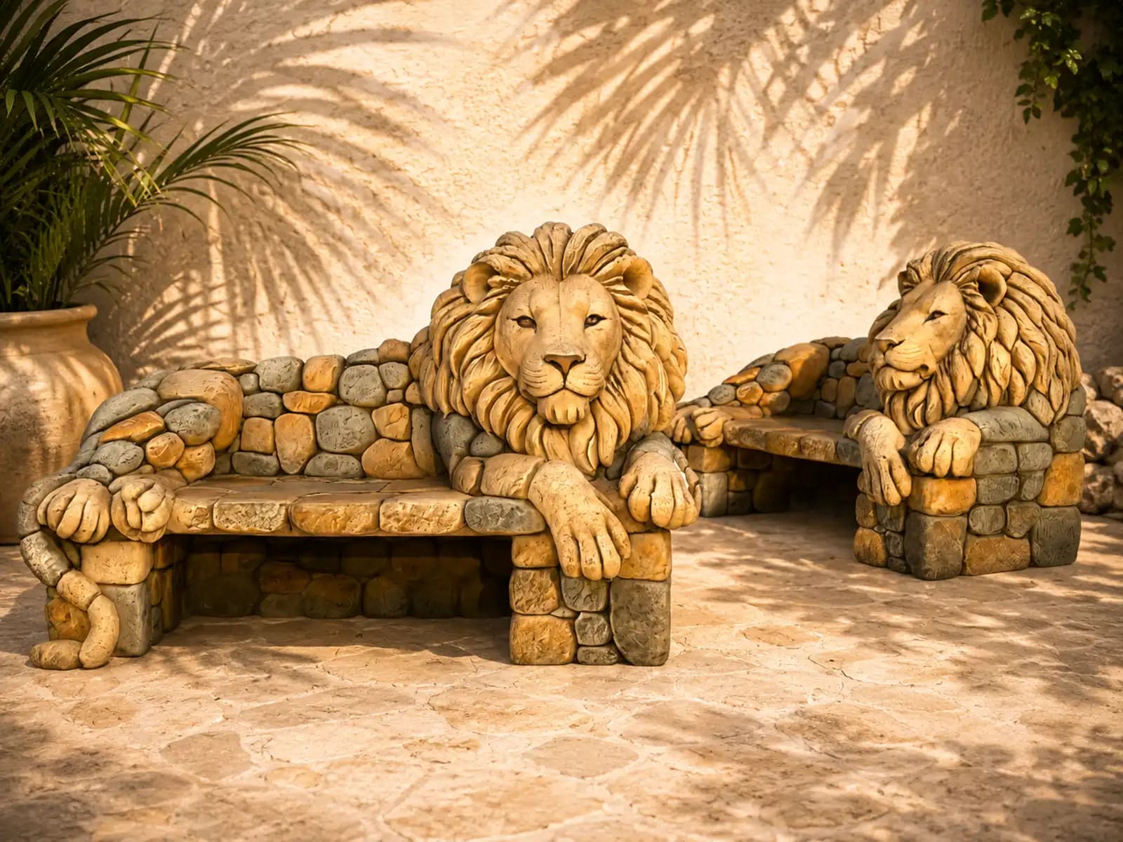 Lion Stone Bench