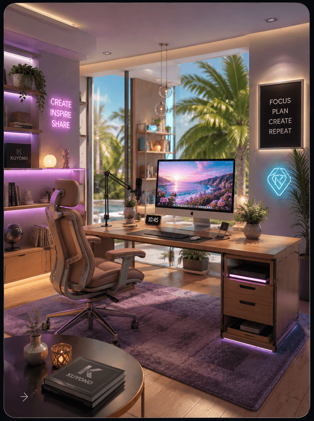 Curated mesh interior with collected objects and warm light